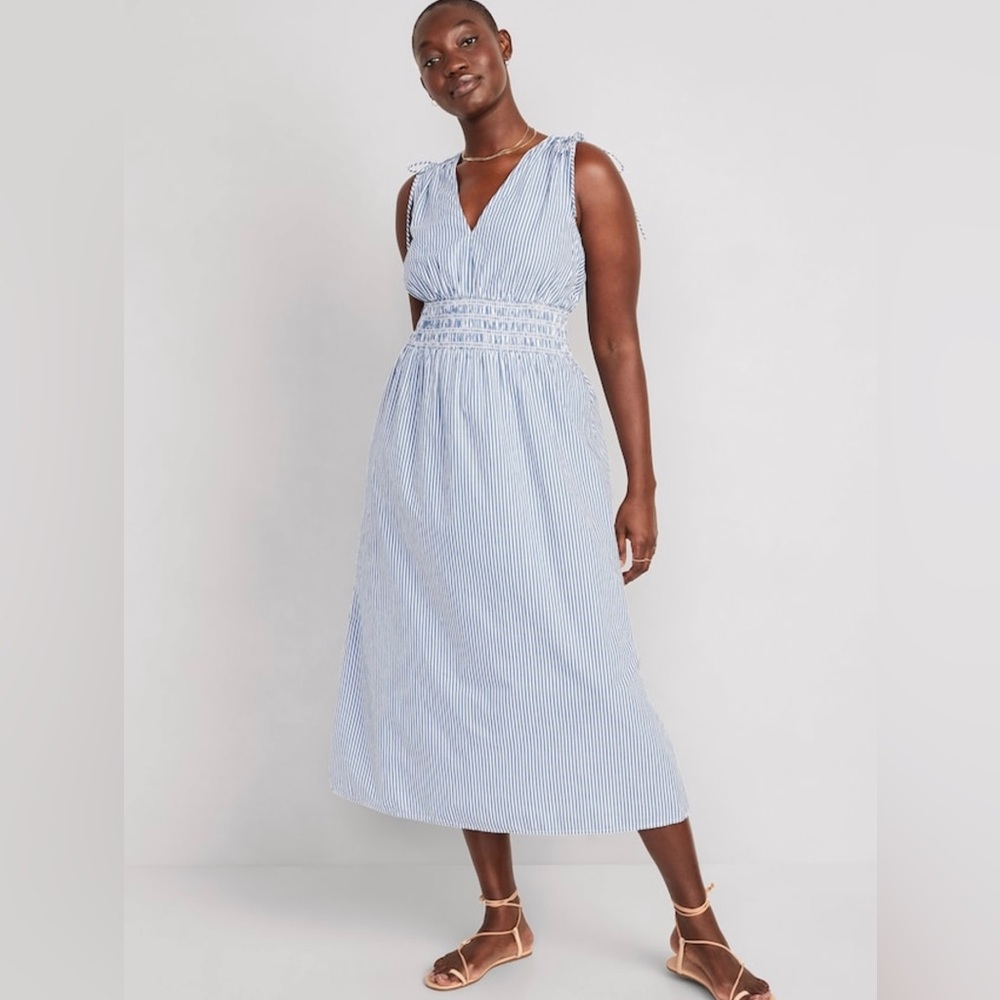 Old Navy Light Blue and White Striped Midi Dress medium tall